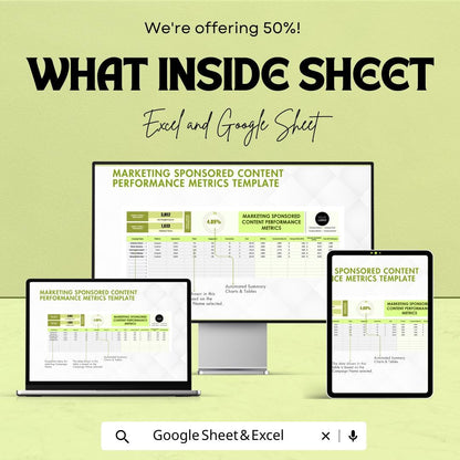 Marketing Sponsored Content Performance Metrics Template | Campaign Metrics Tracker | Engagement and Conversion Tracker