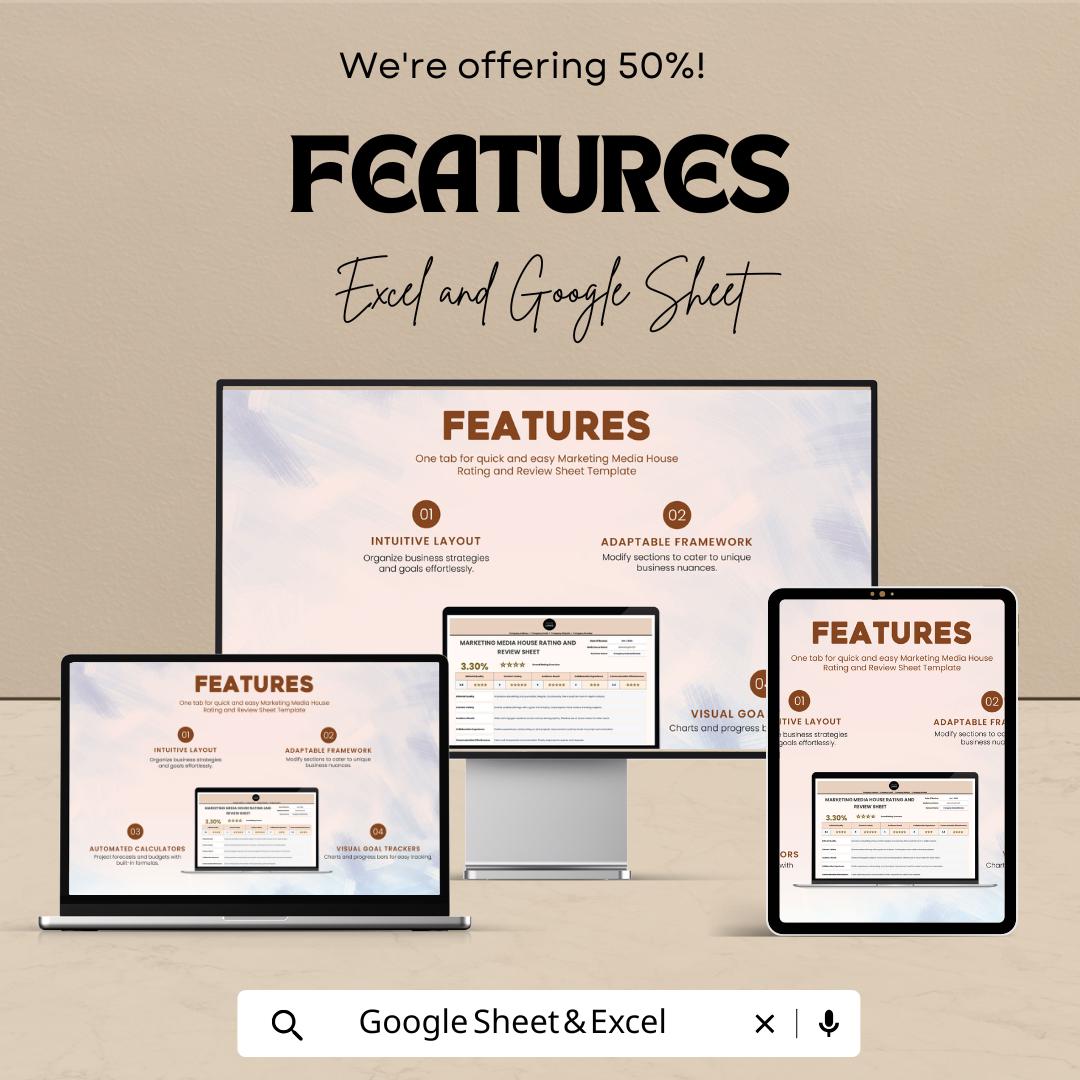 Marketing Media House Rating and Review Sheet Template | Google Sheets & Excel | Marketing KPI Tracker | Media Evaluation Report Template
