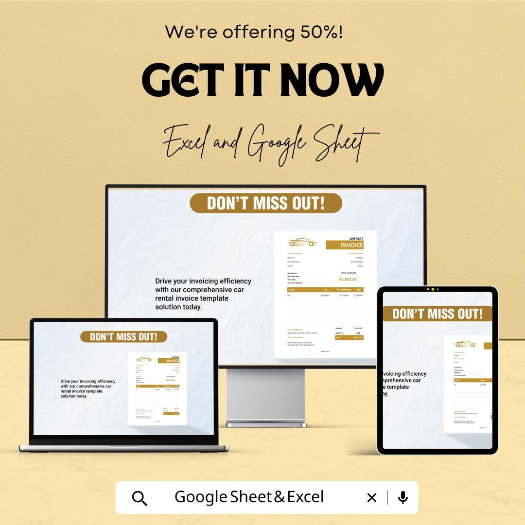 Car Rental Invoice Template - Excel & Google Sheets - Easy, Professional Invoice for Car Rental Business