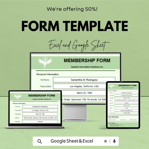 Form Template | Membership Form | Data Entry Form | Customizable Spreadsheet Template | Editable Information Form