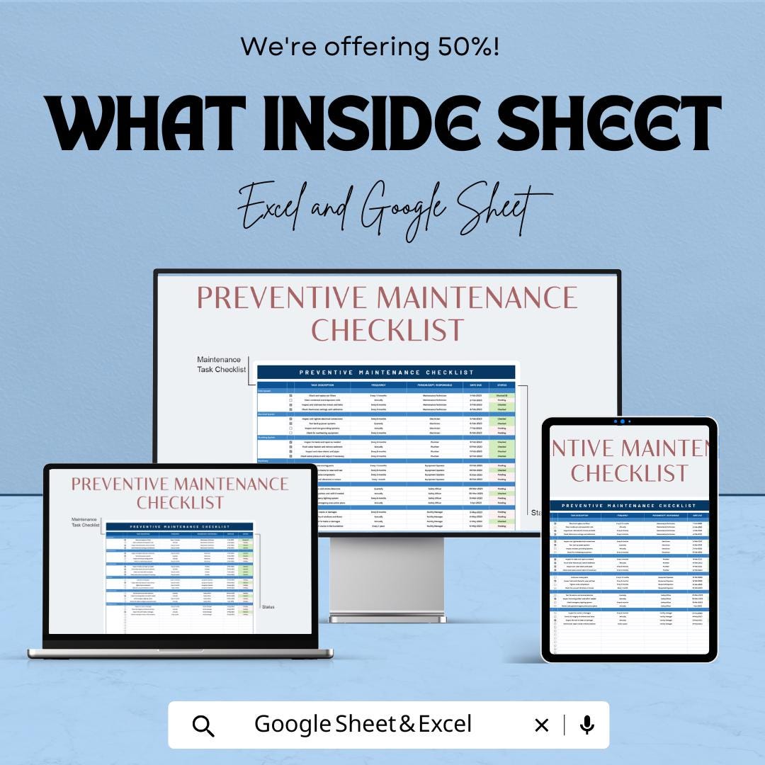 Blank Preventive Maintenance Checklist Sheet for Excel & Google Sheets | Task Management Template | Preventive Maintenance Planner |