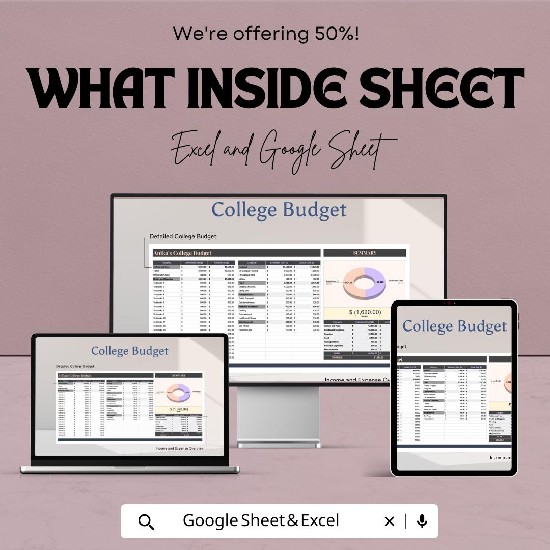 College Budget Sheet - Excel & Google Sheets Template for Managing College Expenses - 50% Off