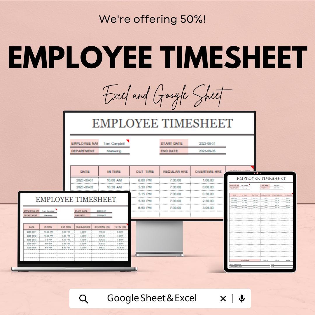 Employee Timesheet Template - Excel & Google Sheet, Time Tracking, Payroll Management, Overtime Calculation