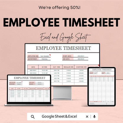 Employee Timesheet Template - Excel & Google Sheet, Time Tracking, Payroll Management, Overtime Calculation
