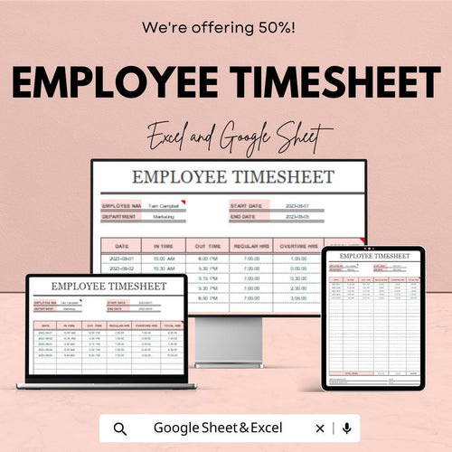 Employee Timesheet Template - Excel & Google Sheet, Time Tracking, Payroll Management, Overtime Calculation