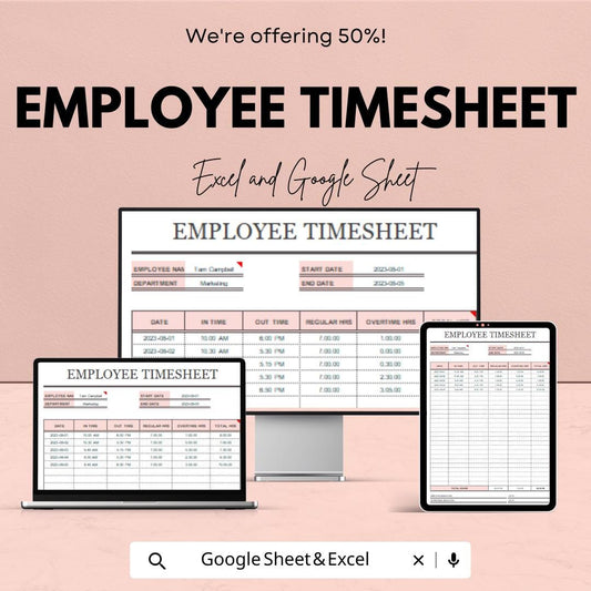 Employee Timesheet Template - Excel & Google Sheet, Time Tracking, Payroll Management, Overtime Calculation