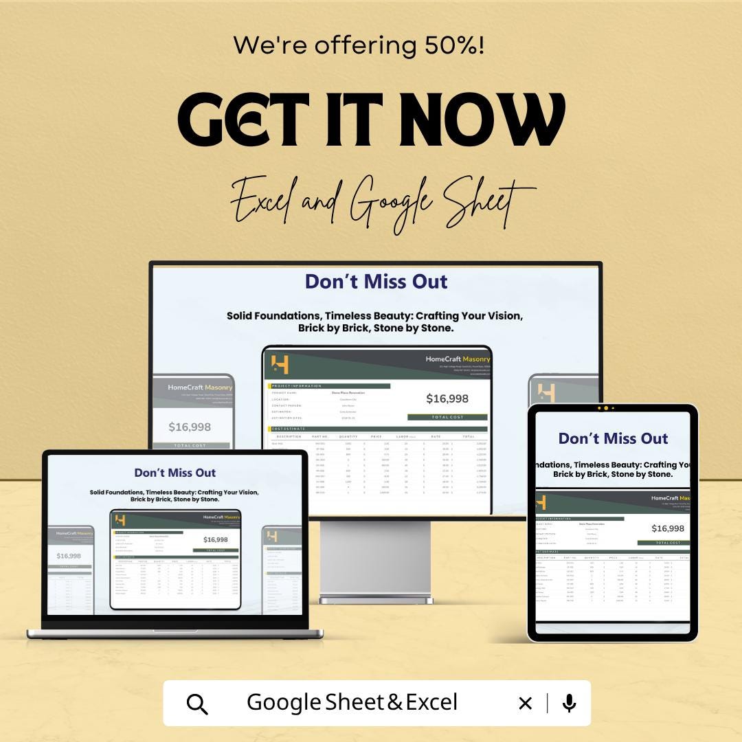 Masonry Estimate Template Excel | Contractor Estimate Sheet | Construction Cost Estimator | Brick & Stone Quote Template | Google Sheets
