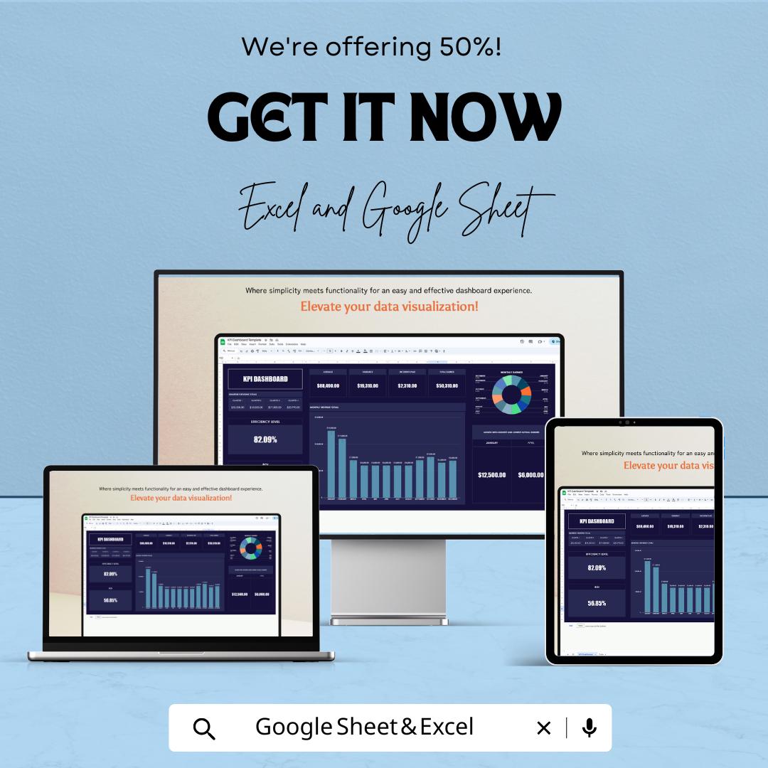 KPI Dashboard Template - Excel & Google Sheet, Business Performance Tracker, Key Performance Indicators, Data Analysis, Metrics Dashboard,