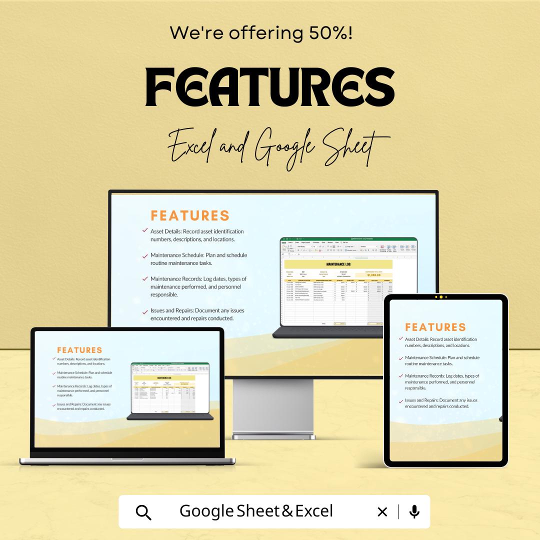 Maintenance Log Sheet | Asset Tracking Template | Equipment and Maintenance Management | Excel & Google Sheets Template | Auto-Calculation