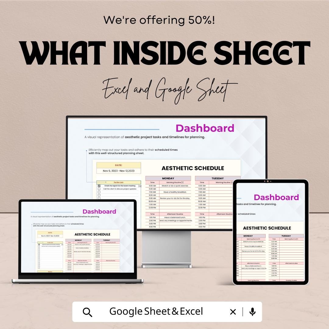 Aesthetic Schedule Sheet | Creative Task Planner | Excel & Google Sheet | Weekly Schedule Template | 50% Off