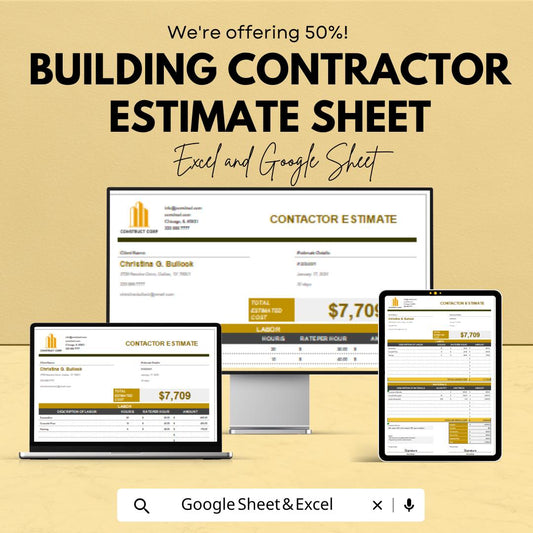 Building Contractor Estimate Sheet | Construction Cost Estimate Template for Projects | Excel & Google Sheet Template | Instant Download