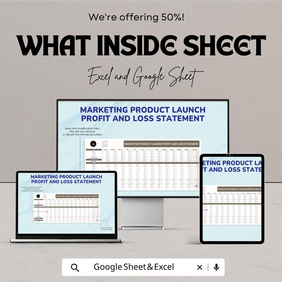 Marketing Product Launch Profit and Loss Statement Template | Excel & Google Sheets | Business Budget Planner, Financial Tracker