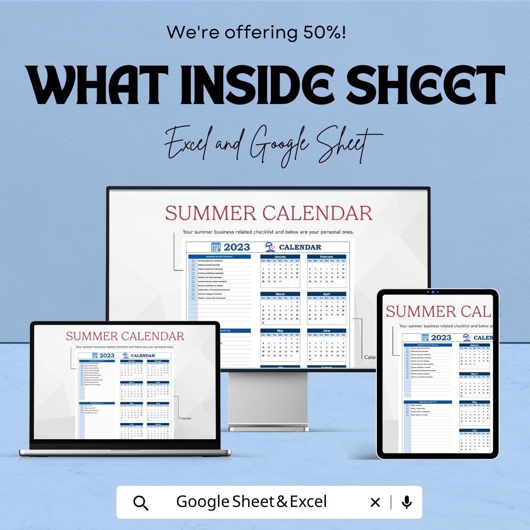 Printable Summer Calendar Sheet 2023 | Google Sheets and Excel | Vacation & Activity Planner | Summer Schedule Organizer