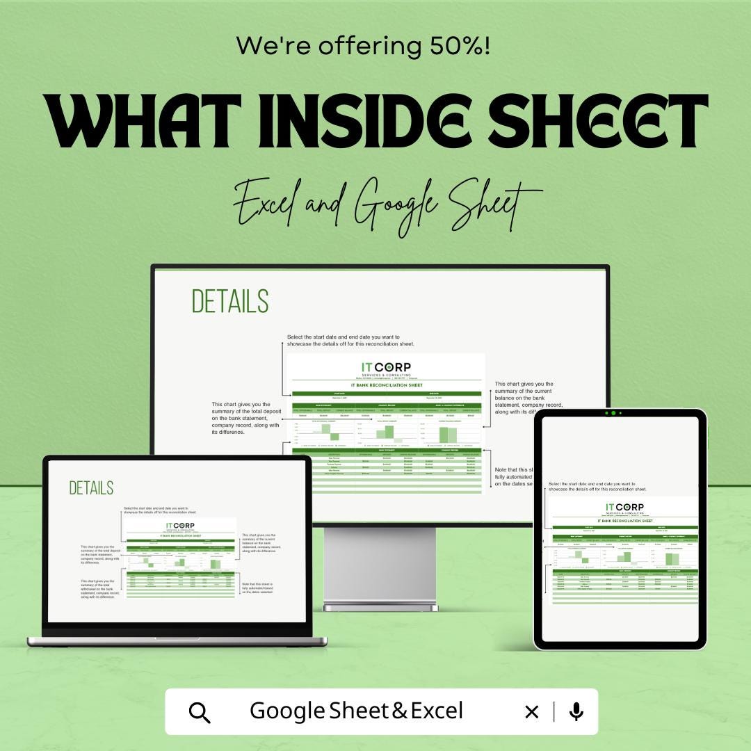 IT Bank Reconciliation Sheet Template | Bank Reconciliation Excel | Google Sheets Accounting Tracker | Monthly Financial Reconciliation