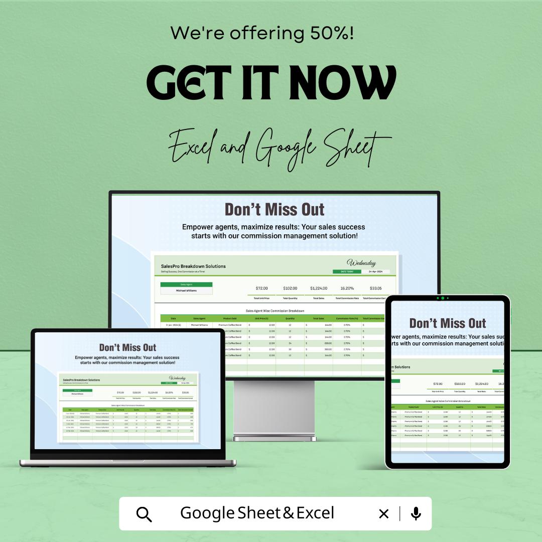 Sales Agent Wise Commission Breakdown Template | Sales Commission Tracker | Agent Performance Report | Excel & Google Sheets