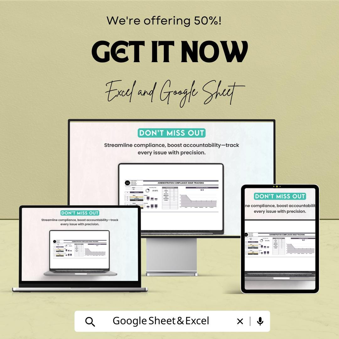 Administration Compliance Issue Tracking Template | Excel & Google Sheets | Compliance Tracker | Issue Log Spreadsheet | Audit Management