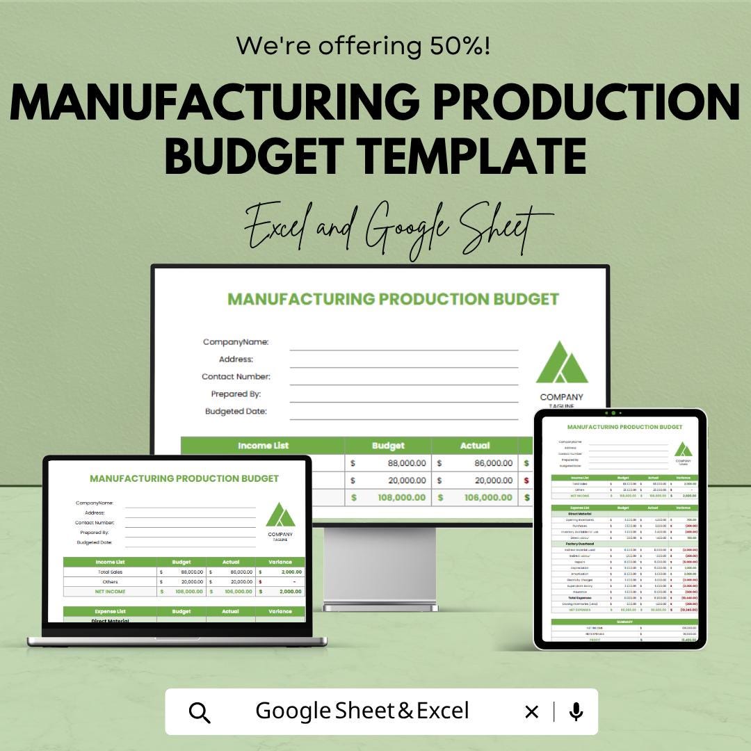 Manufacturing Production Budget Template | Production Budget Spreadsheet | Cost Analysis Planner | Financial Planning Sheet