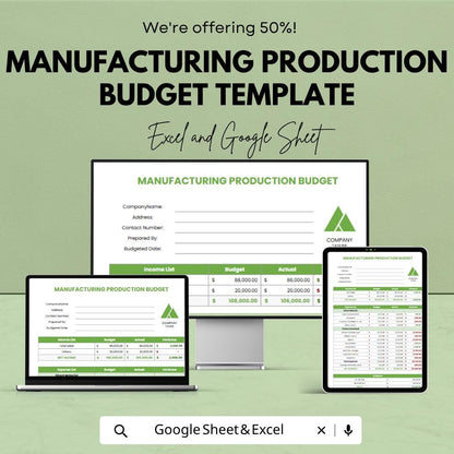 Manufacturing Production Budget Template | Production Budget Spreadsheet | Cost Analysis Planner | Financial Planning Sheet