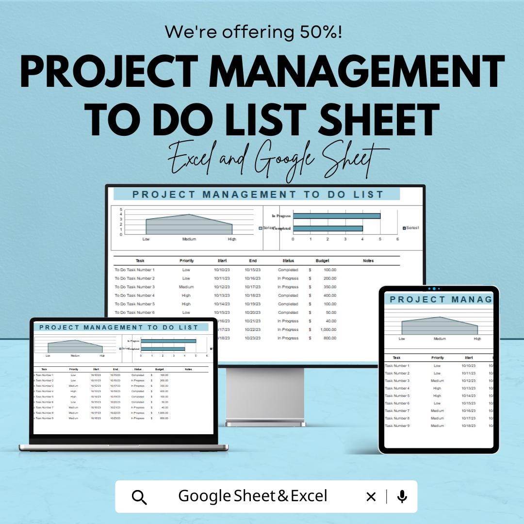 Project Management To Do List | Task Tracker Spreadsheet | Excel & Google Sheets | Team Gantt Chart | Project Timeline Planner