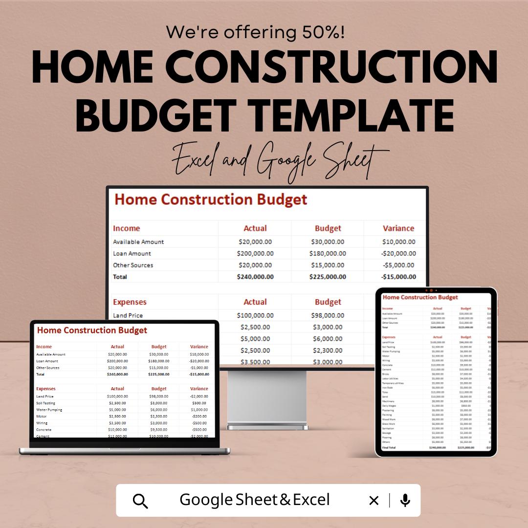 Home Construction Budget Template | Building Project Cost Tracker | Construction Expense Planner | House Budget Spreadsheet