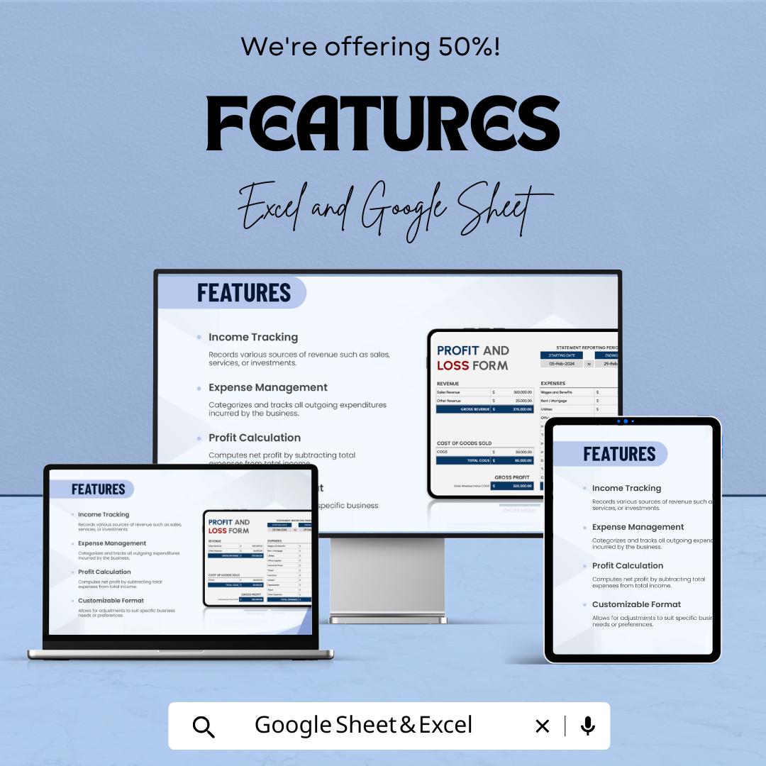 Profit and Loss Form Sheet – Excel and Google Sheets | Financial Statement Template | Business Expense & Revenue Tracker