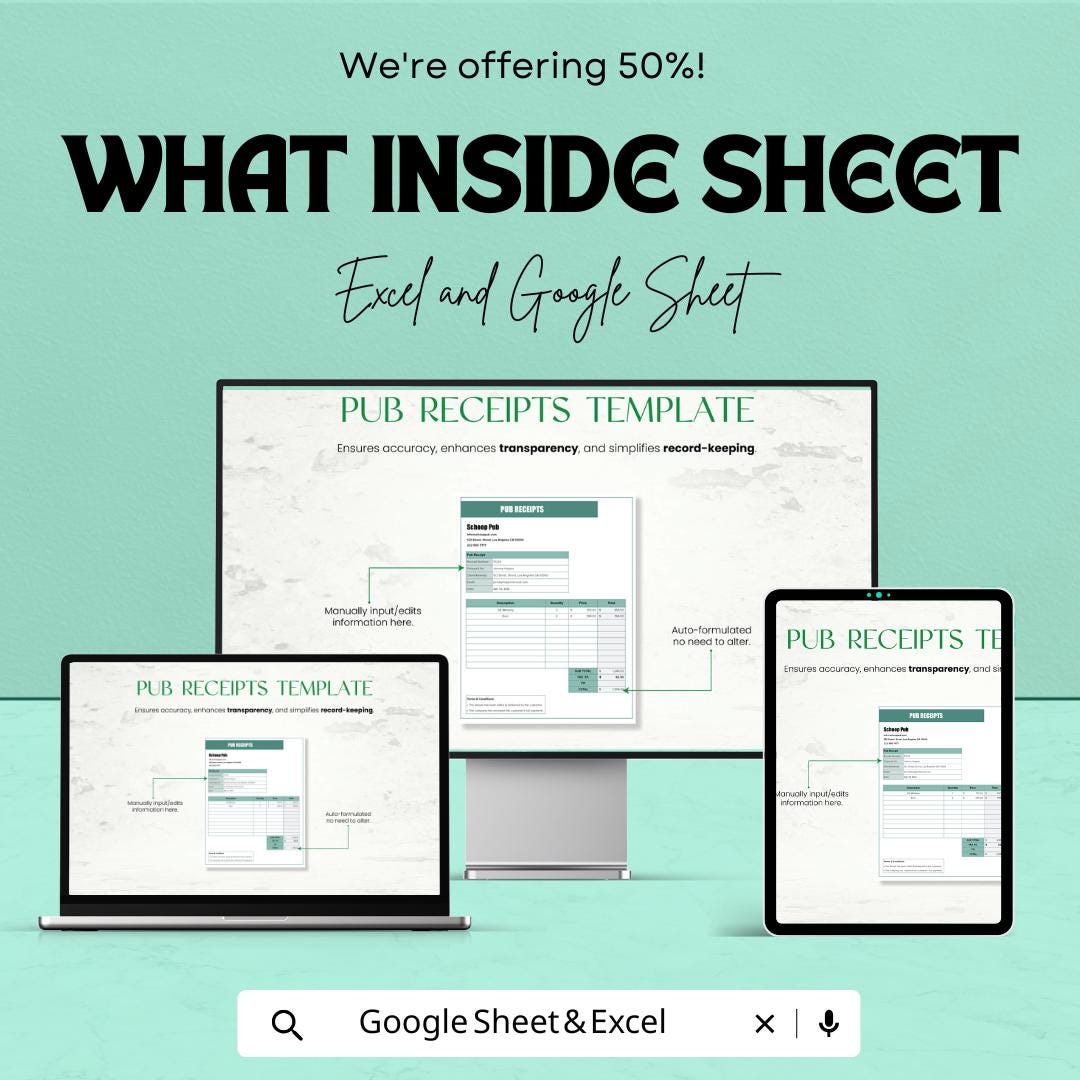 Pub Receipts Sheet Template - Excel & Google Sheet for Easy Financial Tracking