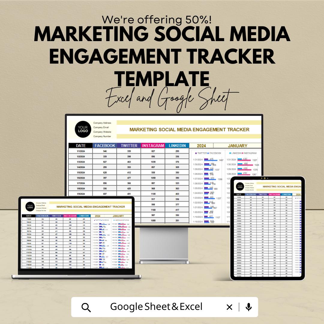 Marketing Social Media Engagement Tracker Template | Social Media Analytics Spreadsheet | Excel & Google Sheet | Engagement Report Dashboard