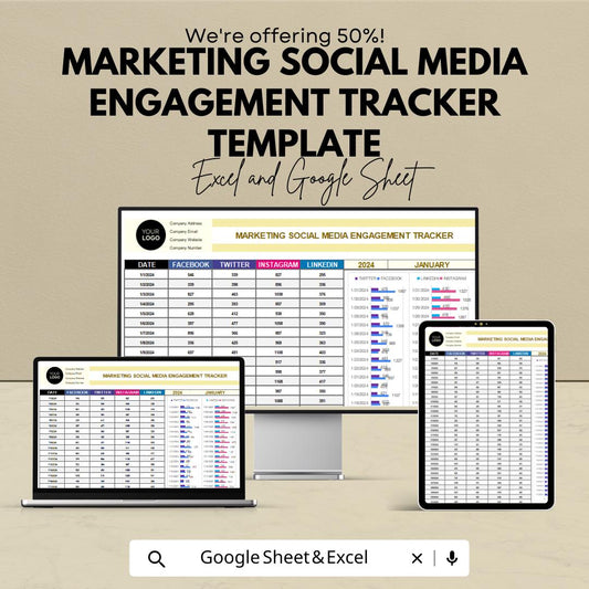Marketing Social Media Engagement Tracker Template | Social Media Analytics Spreadsheet | Excel & Google Sheet | Engagement Report Dashboard