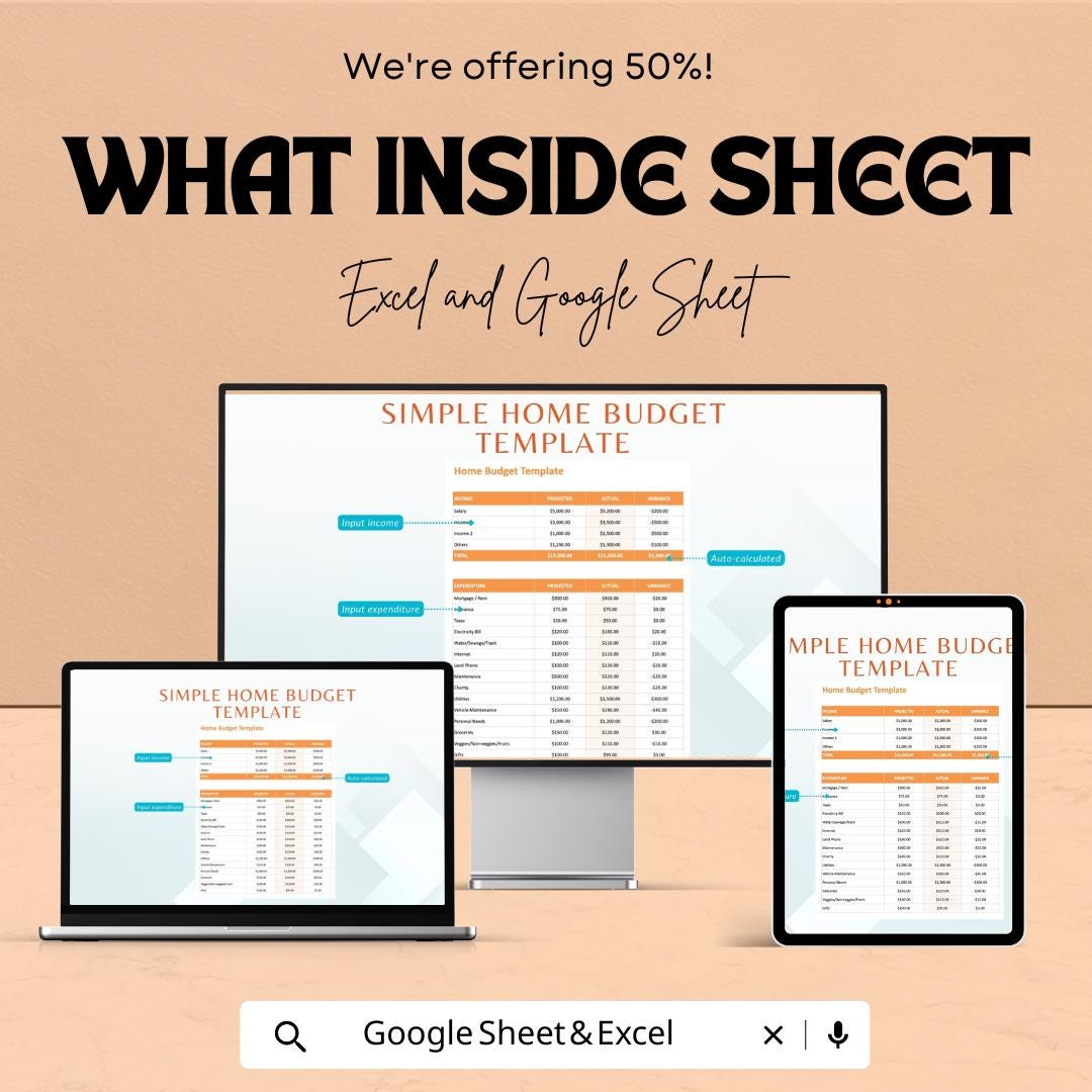 Simple Home Budget Template | Monthly Expense Tracker | Household Finance Planner | Personal Budget Spreadsheet | Digital Download