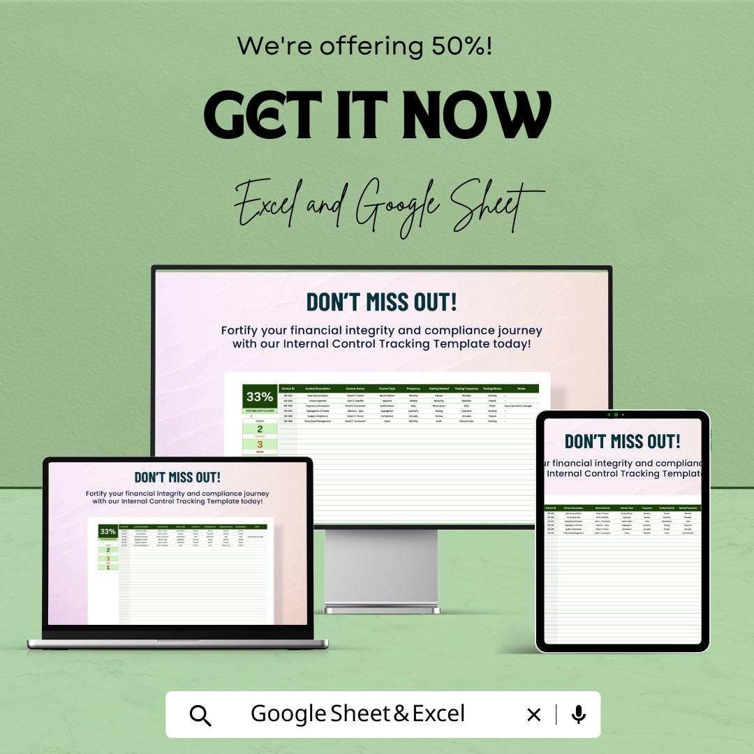 Finance Internal Control Tracking Template, Internal Control Log, Audit Control Tracker, Compliance Spreadsheet, Excel Google Sheets