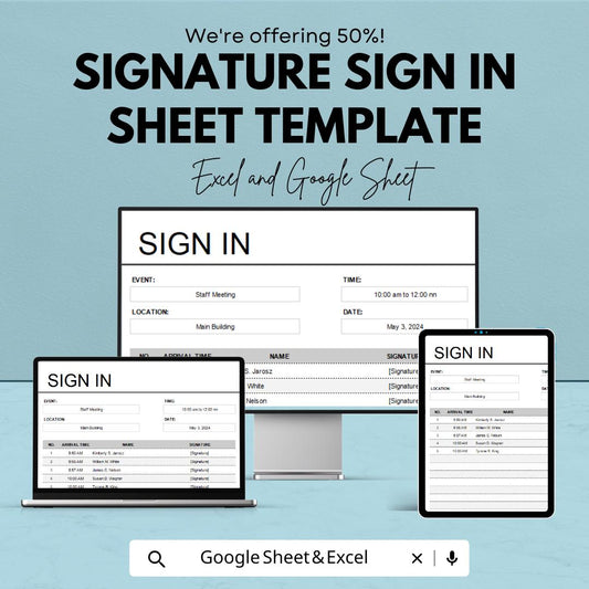 Signature Sign In Sheet Template | Visitor Log Book | Meeting Attendance Form | Excel & Google Sheets