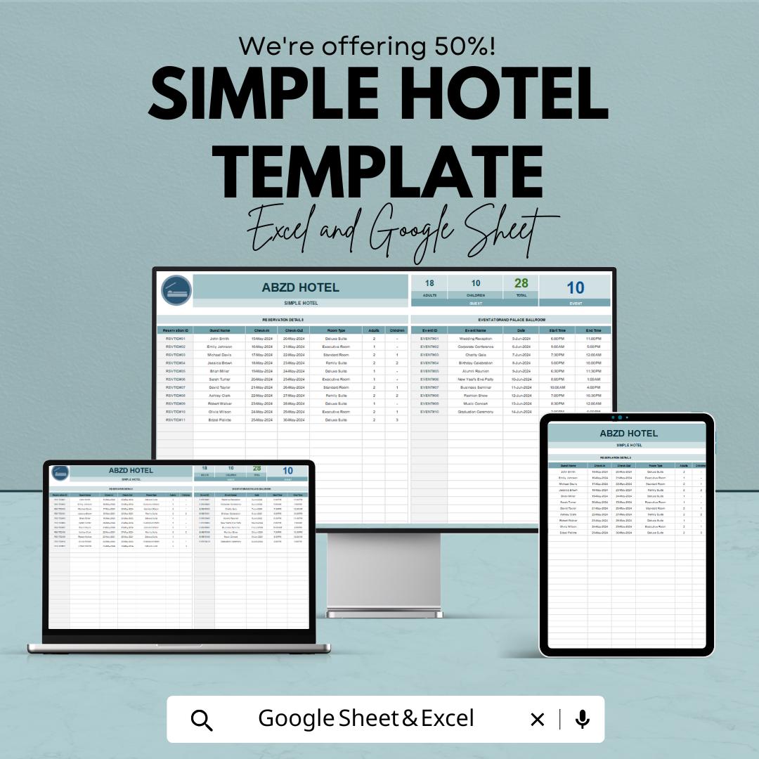Simple Hotel Management Template | Hotel Reservation Log | Google Sheets & Excel | Room Booking Tracker | Guest Check-In Sheet