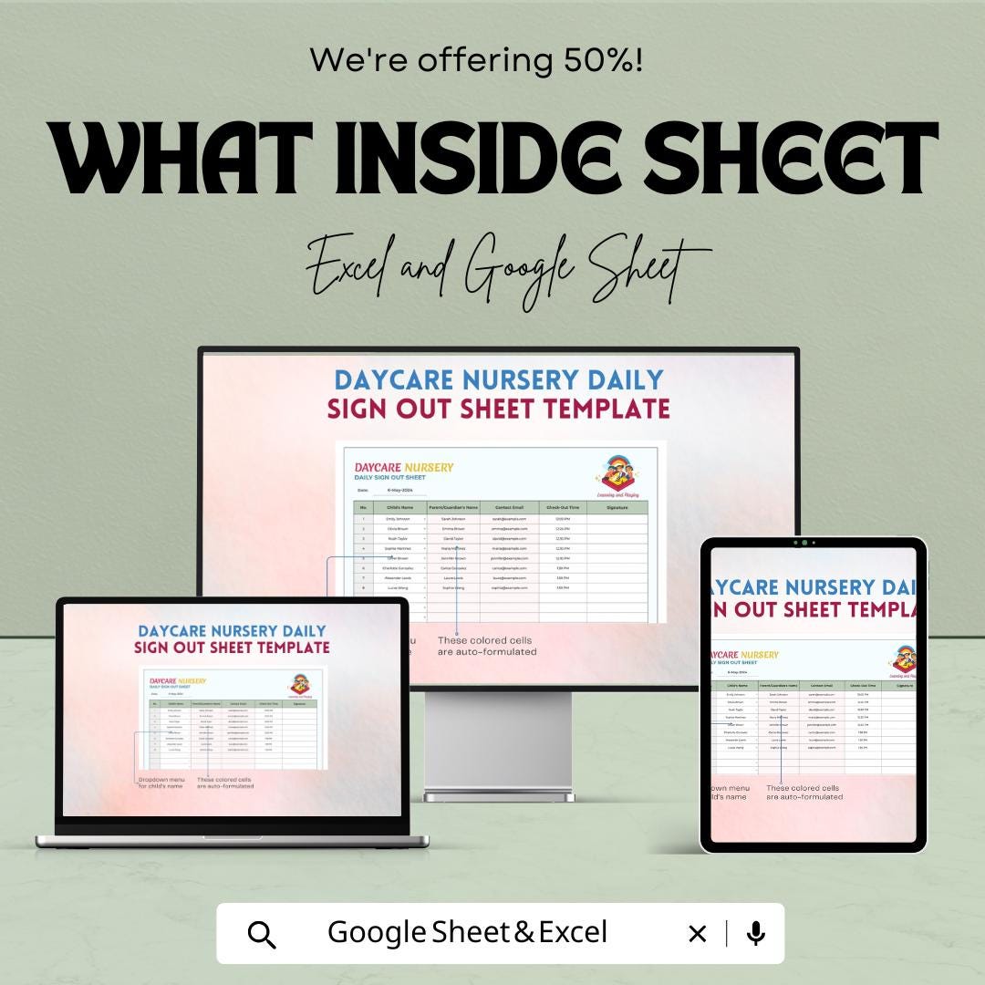 Daycare Nursery Daily Sign Out Sheet | Childcare Attendance Log for Parents | Excel & Google Sheets Template | Track Kids Check-In/Out