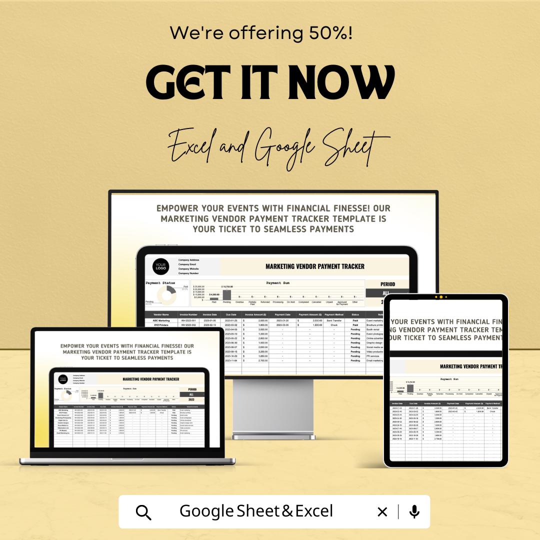 Marketing Vendor Payment Tracker | Google Sheets and Excel Template | Event Vendor Budget & Invoice Organizer