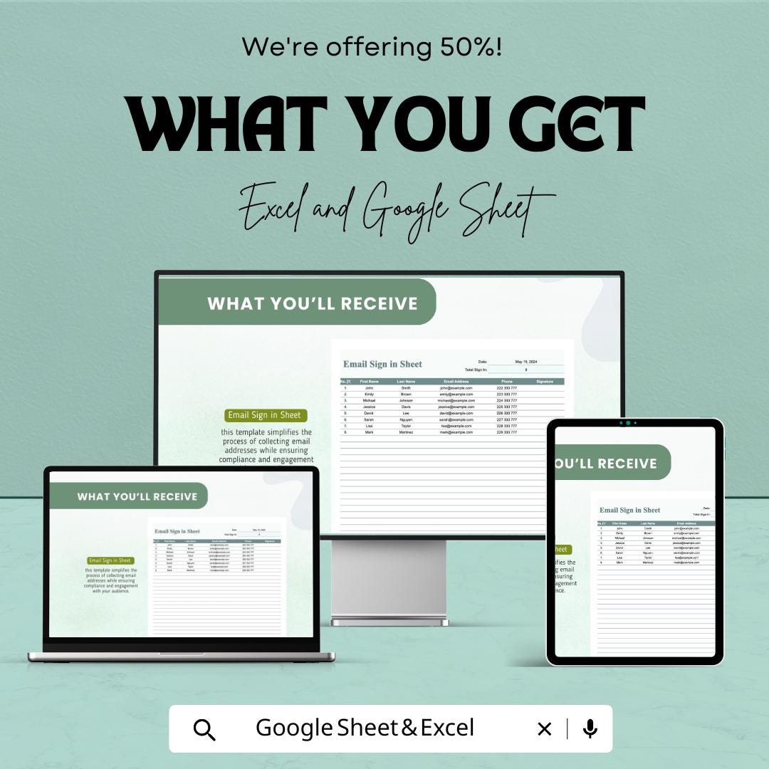 Email Sign-In Sheet Template | Excel and Google Sheets | Collect Emails & Contact Info | Editable | Instant Download