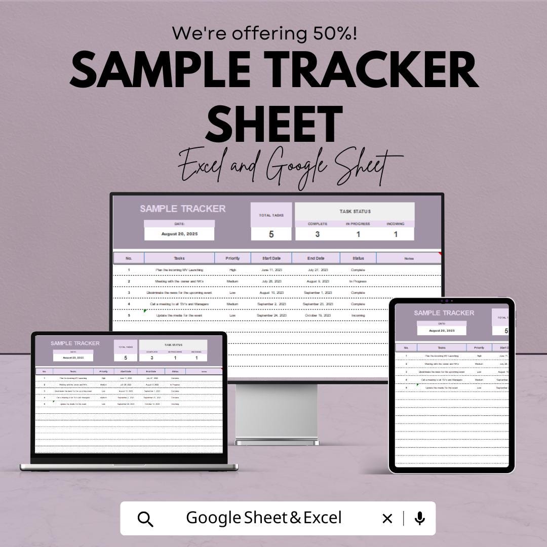 Sample Tracker Sheet - Task Management Template, Track Progress and Deadlines, Excel & Google Sheets, Printable Task Tracker