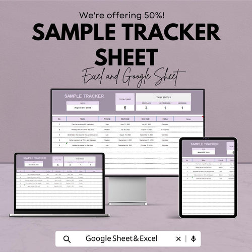 Sample Tracker Sheet - Task Management Template, Track Progress and Deadlines, Excel & Google Sheets, Printable Task Tracker