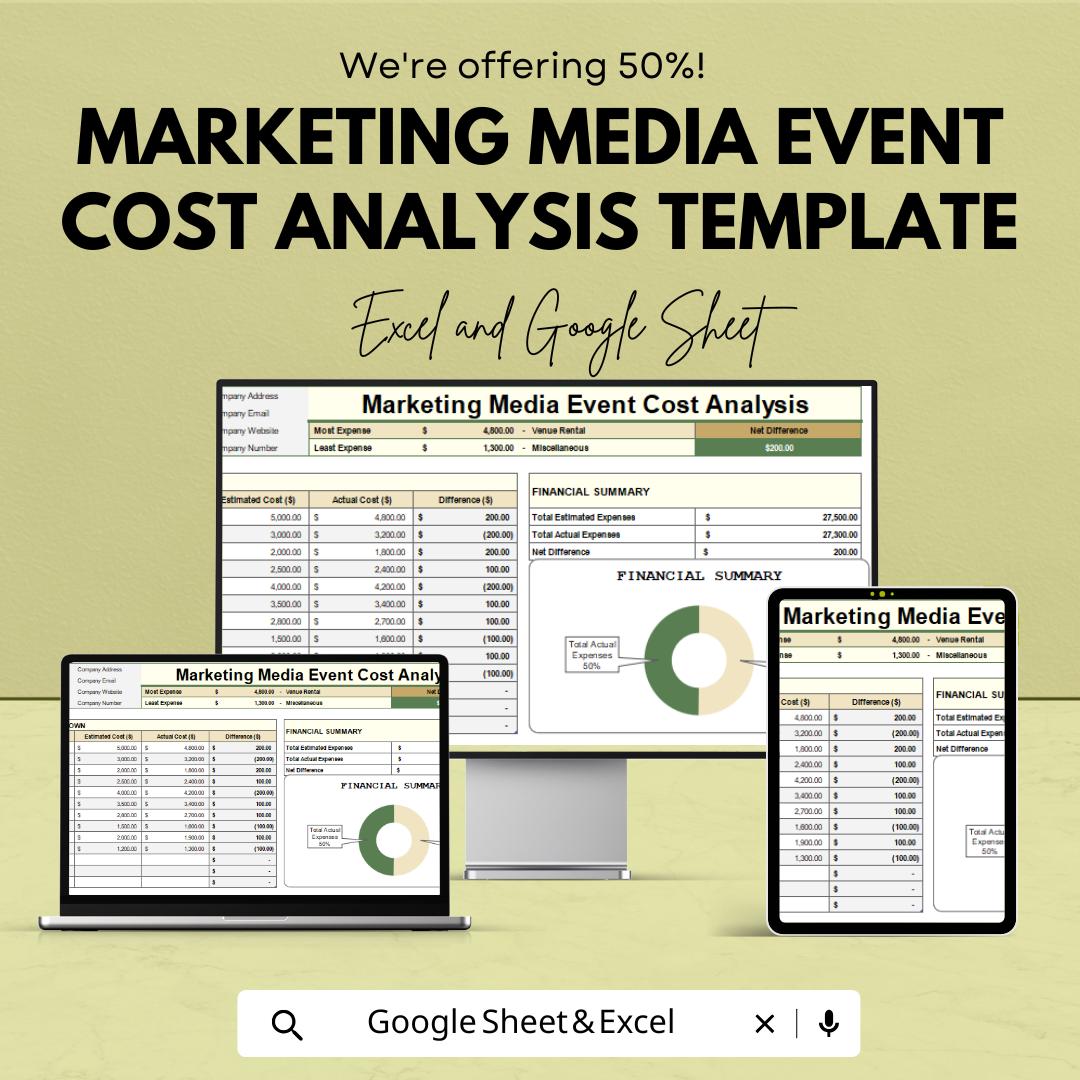 Marketing Media Event Cost Analysis Template | Excel & Google Sheets Budget Planner | Event Expense Tracker | Financial Summary Dashboard