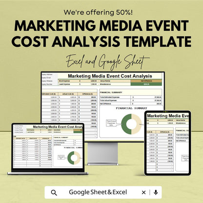 Marketing Media Event Cost Analysis Template | Excel & Google Sheets Budget Planner | Event Expense Tracker | Financial Summary Dashboard