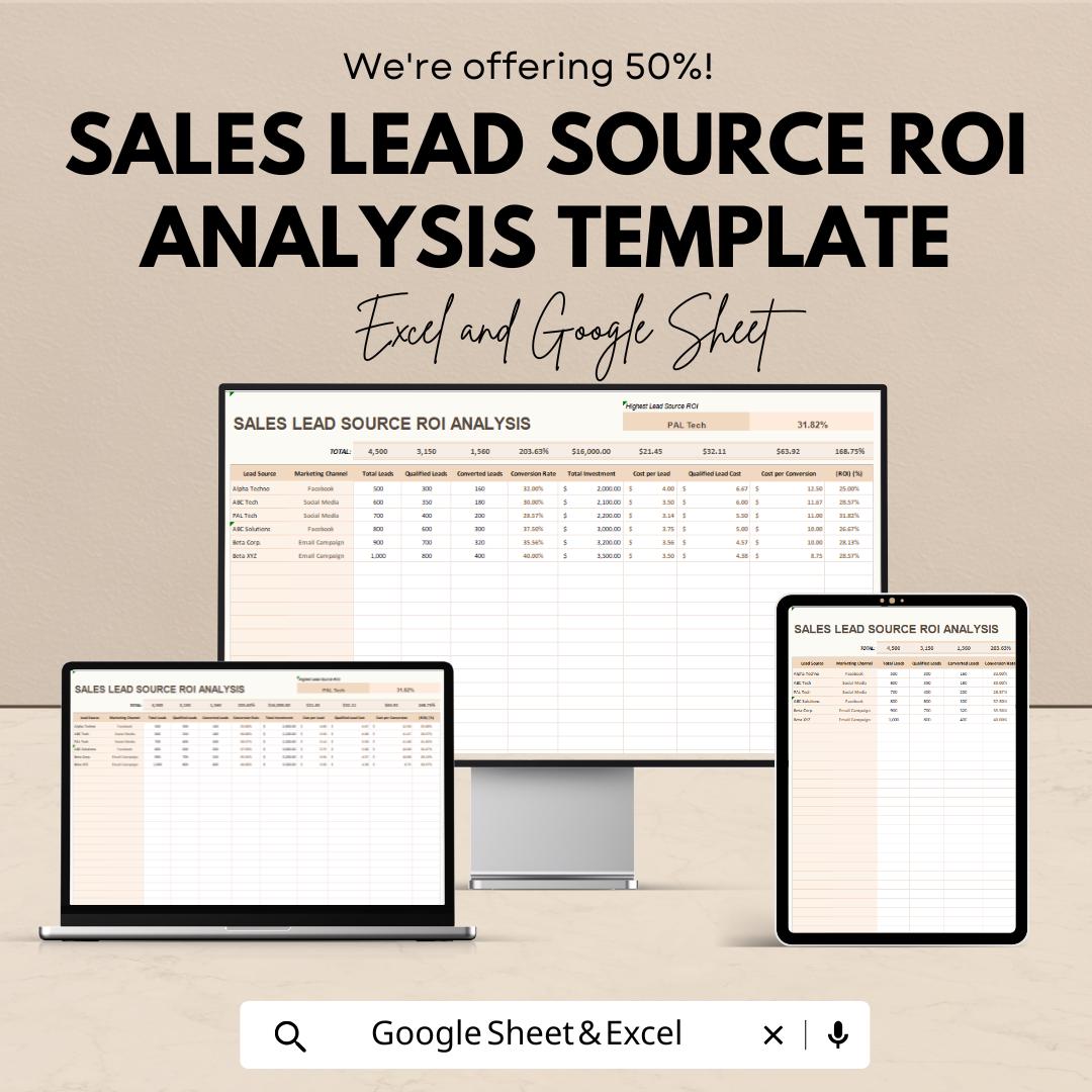 Sales Lead Source ROI Analysis Template | Lead Tracking Spreadsheet | Marketing ROI Calculator | Excel & Google Sheets | ROI Dashboard