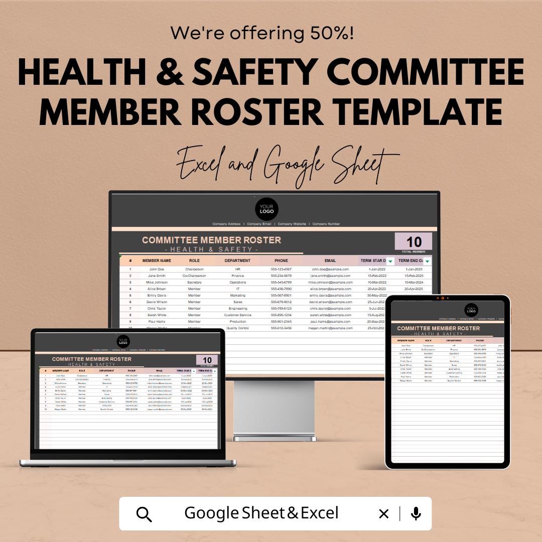 Health & Safety Committee Member Roster Template | Excel and Google Sheets | Safety Committee List | HSE Committee Tracker