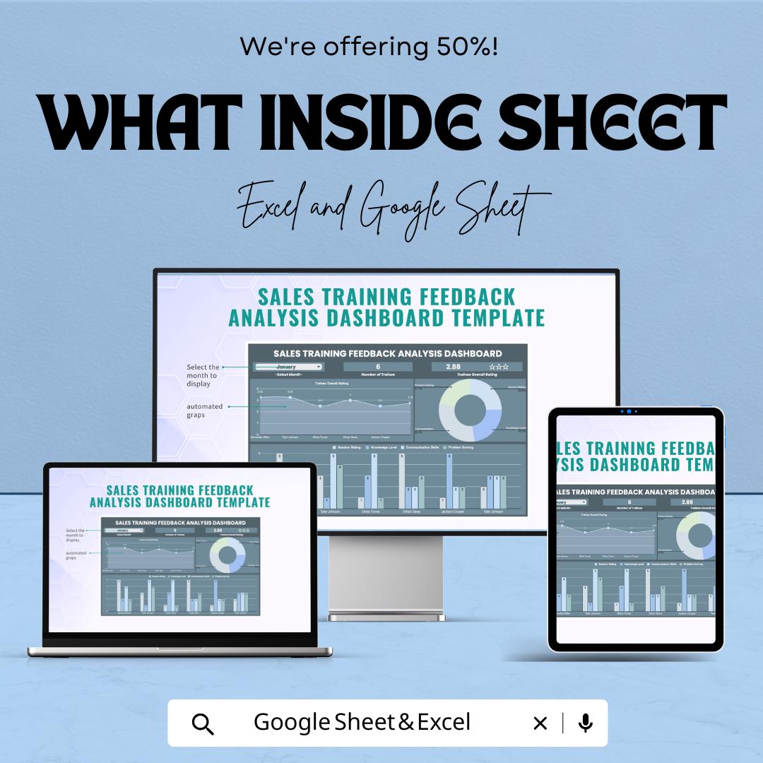 Sales Training Feedback Analysis Dashboard Template | Excel and Google Sheets | Performance Tracking & Training Insights