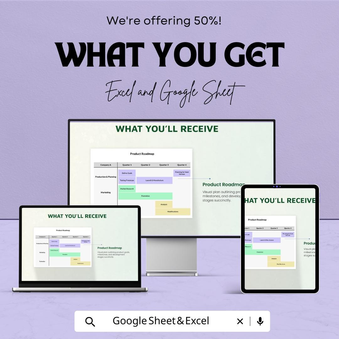 Simple Product Roadmap Sheet | Excel & Google Sheet Template | Product Development Plan | Editable Roadmap | Timeline for Teams |
