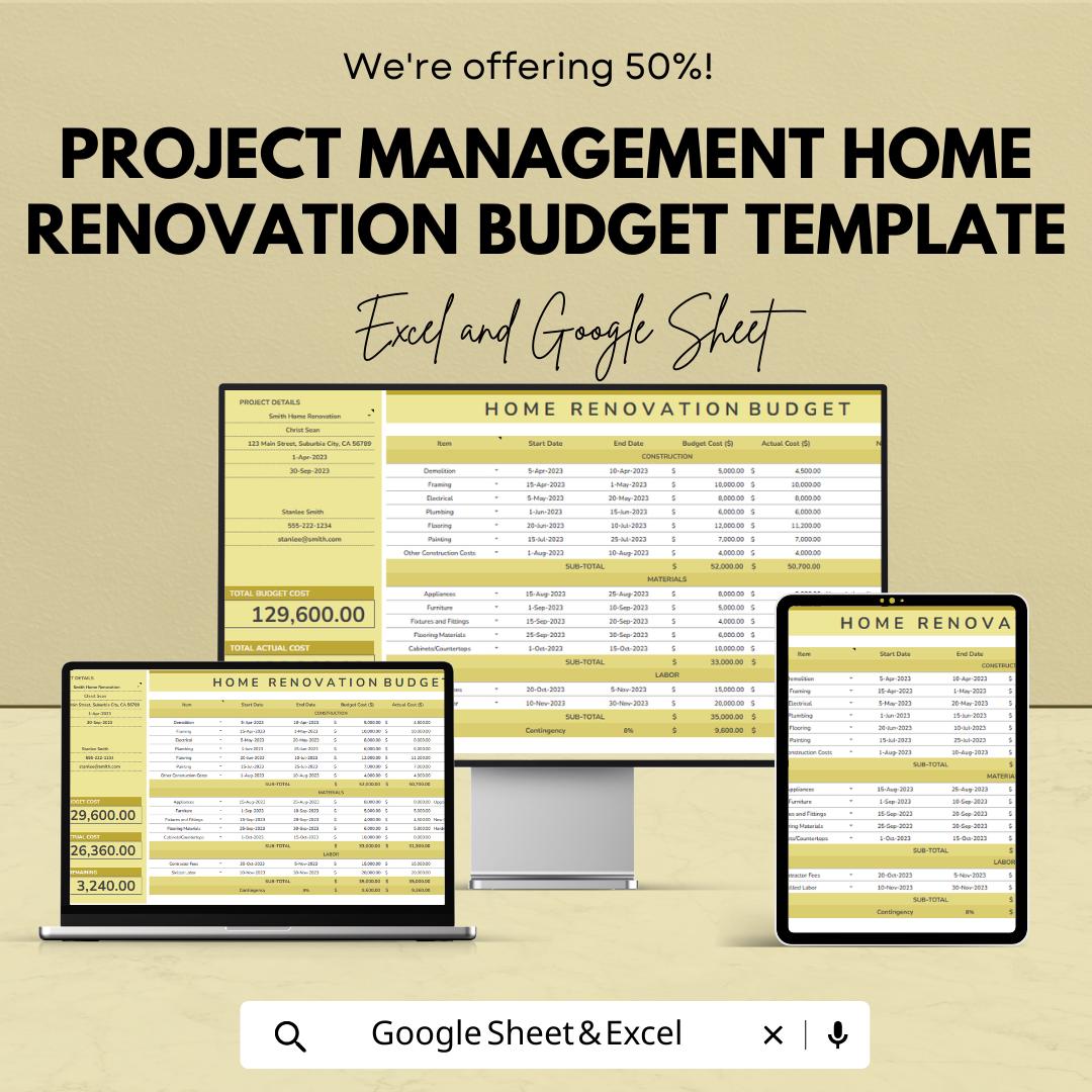 Home Renovation Budget Template | Project Management Budget Planner | Remodel Cost Tracker Spreadsheet | Excel & Google Sheets
