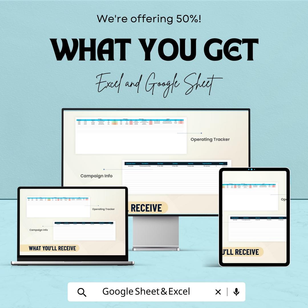 50% Off | Marketing Operation Sheet Template for Excel and Google Sheets | Campaign Planning, Resource Allocation, & Performance Metrics
