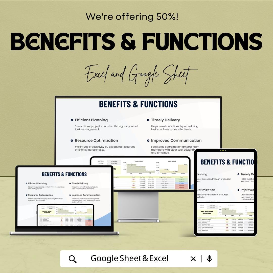 Project Work Schedule Template | Project Planner Spreadsheet | Task Tracker | Timeline Planner | Excel & Google Sheets | Project Management