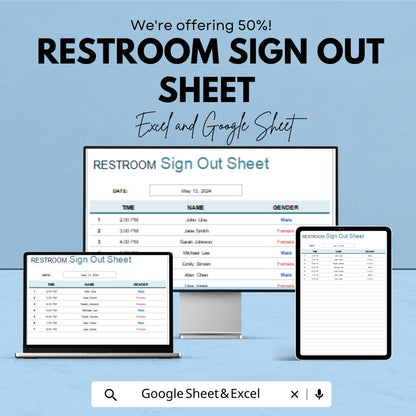 Restroom Sign Out Sheet | Excel & Google Sheets | Bathroom Log Template | Restroom Monitoring Sheet | Printable Bathroom Tracker