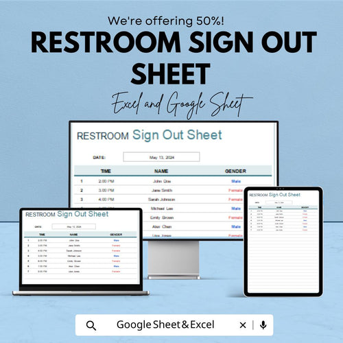 Restroom Sign Out Sheet | Excel & Google Sheets | Bathroom Log Template | Restroom Monitoring Sheet | Printable Bathroom Tracker