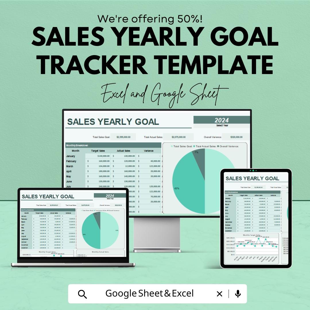 Sales Yearly Goal Tracker Template | Excel and Google Sheets | Annual Sales Dashboard | Business Revenue Goal Planner | Income Tracker