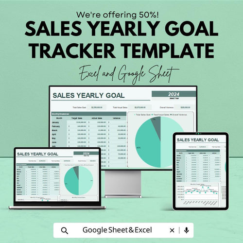 Sales Yearly Goal Tracker Template | Excel and Google Sheets | Annual Sales Dashboard | Business Revenue Goal Planner | Income Tracker